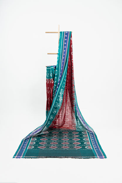 Sea Green Sambalpuri Cotton Saree with Floral Pillar Ikat