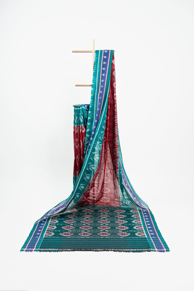 Sea Green Sambalpuri Cotton Saree with Floral Pillar Ikat