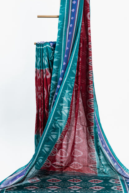 Sea Green Sambalpuri Cotton Saree with Floral Pillar Ikat