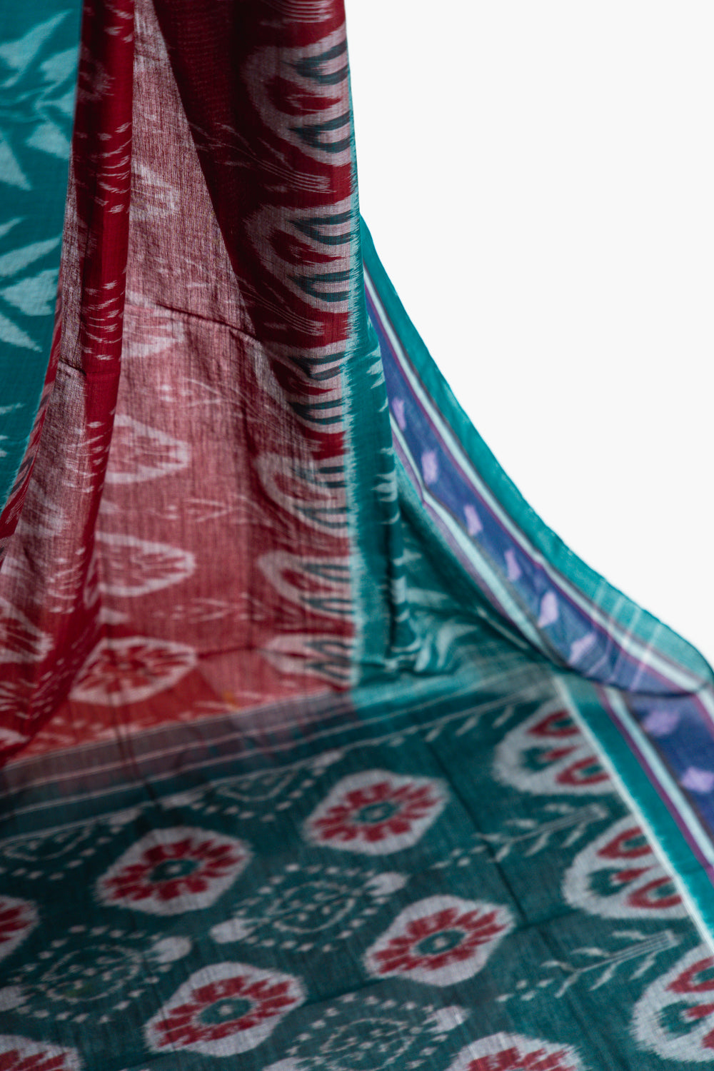 Sea Green Sambalpuri Cotton Saree with Floral Pillar Ikat