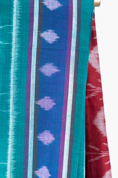 Sea Green Sambalpuri Cotton Saree with Floral Pillar Ikat