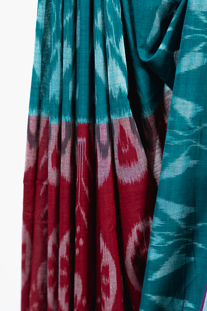 Sea Green Sambalpuri Cotton Saree with Floral Pillar Ikat