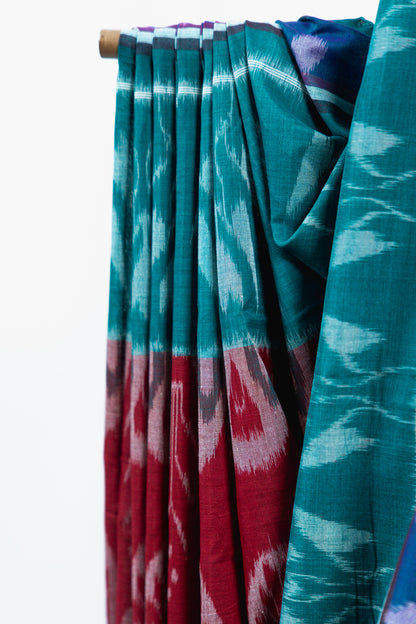 Sea Green Sambalpuri Cotton Saree with Floral Pillar Ikat