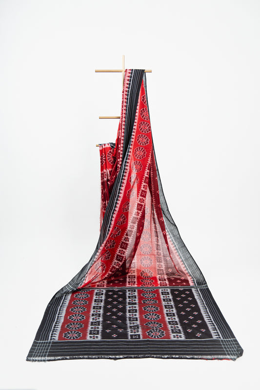 Crimson Maroon Sambalpuri Cotton Saree with Padma & Star Butis
