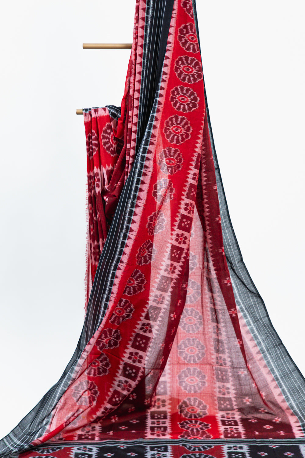 Crimson Maroon Sambalpuri Cotton Saree with Padma & Star Butis