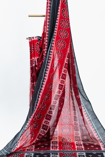 Crimson Maroon Sambalpuri Cotton Saree with Padma & Star Butis