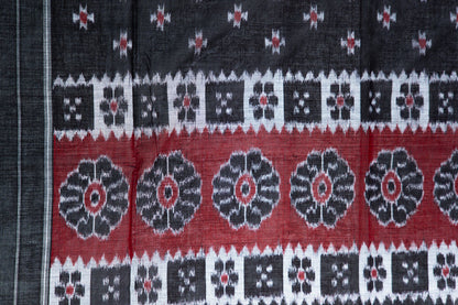 Crimson Maroon Sambalpuri Cotton Saree with Padma & Star Butis