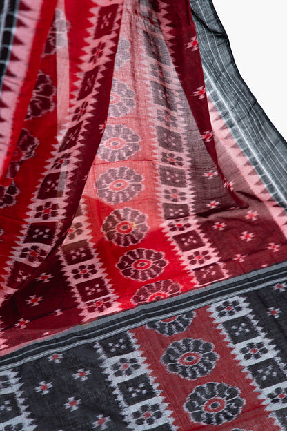 Crimson Maroon Sambalpuri Cotton Saree with Padma & Star Butis