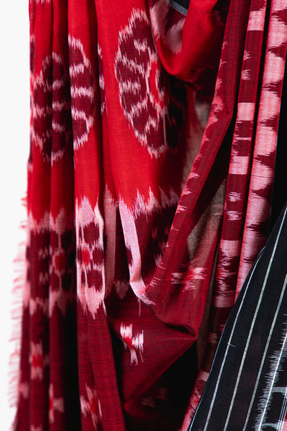 Crimson Maroon Sambalpuri Cotton Saree with Padma & Star Butis