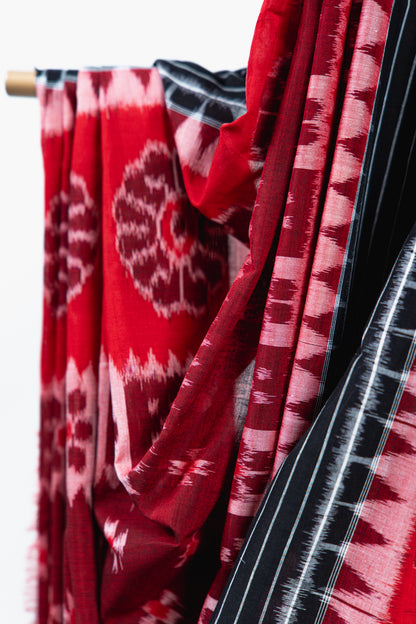 Crimson Maroon Sambalpuri Cotton Saree with Padma & Star Butis