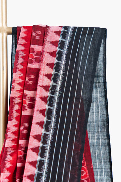 Crimson Maroon Sambalpuri Cotton Saree with Padma & Star Butis