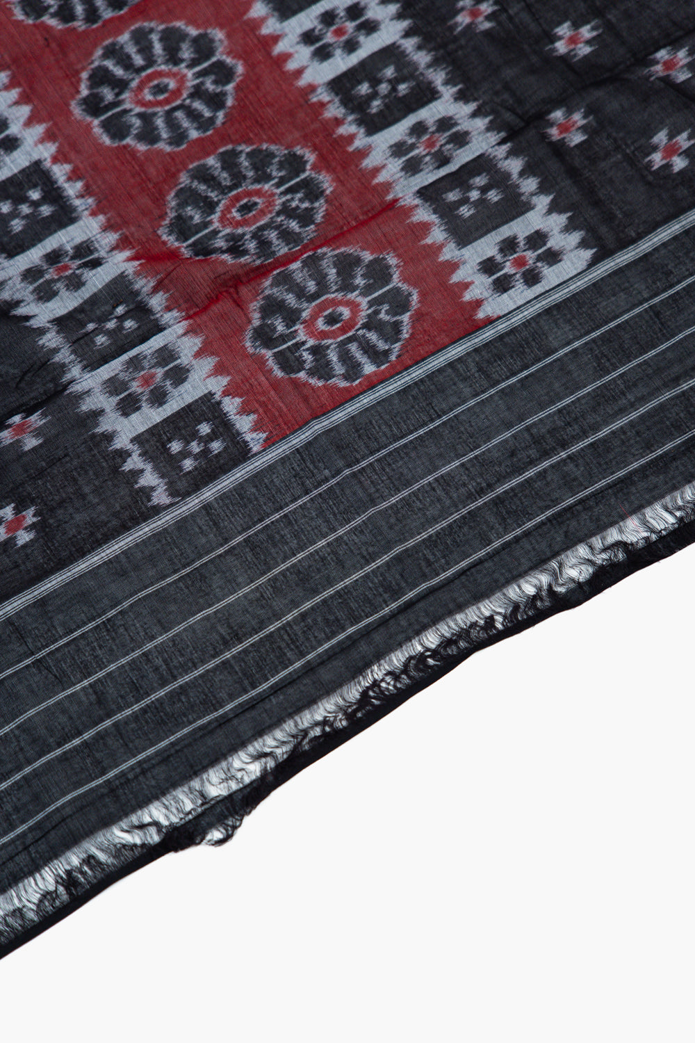 Crimson Maroon Sambalpuri Cotton Saree with Padma & Star Butis