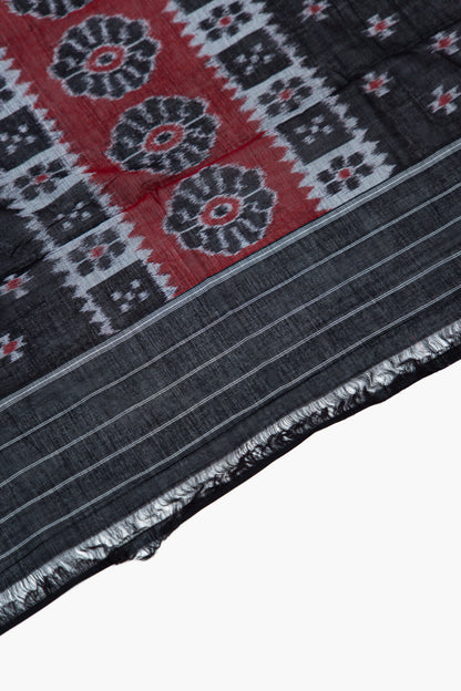 Crimson Maroon Sambalpuri Cotton Saree with Padma & Star Butis