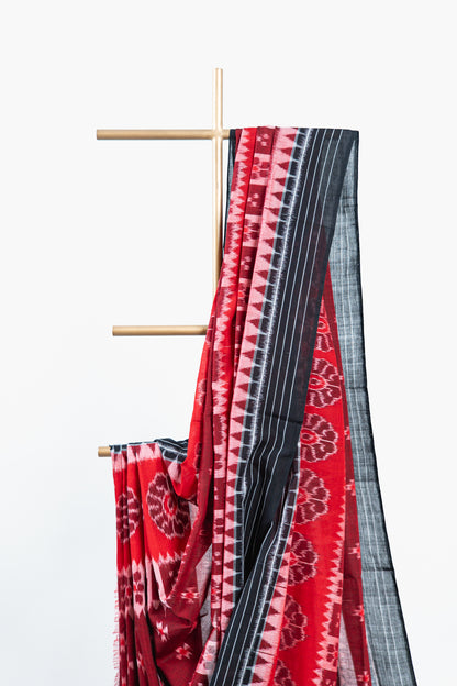 Crimson Maroon Sambalpuri Cotton Saree with Padma & Star Butis