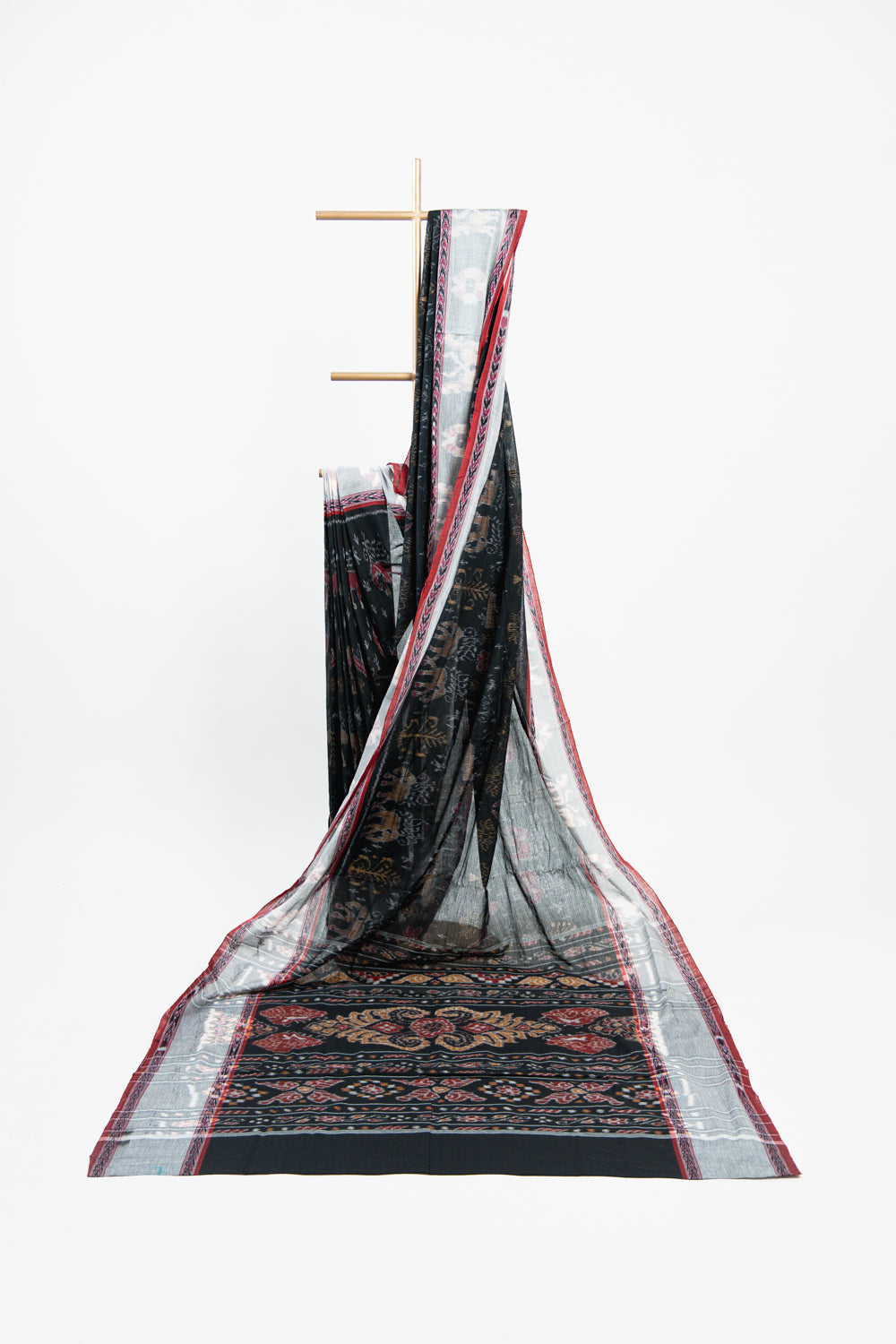Black & Silver Grey Sambalpuri Cotton Saree with Elephant Ikat