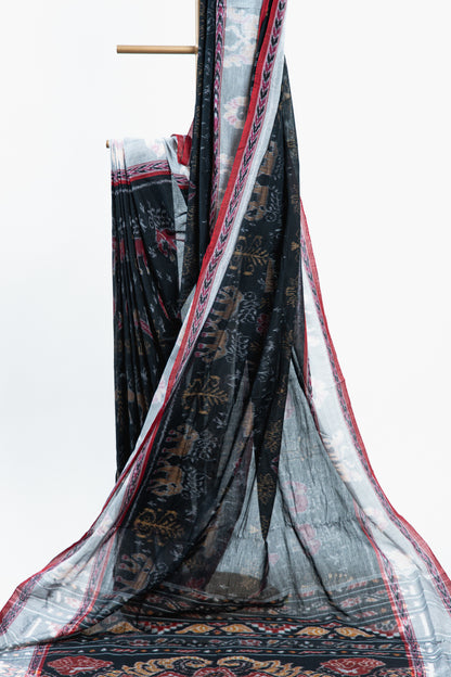 Black & Silver Grey Sambalpuri Cotton Saree with Elephant Ikat