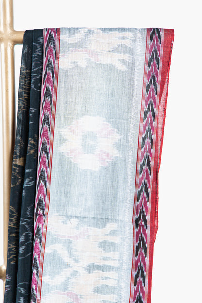 Black & Silver Grey Sambalpuri Cotton Saree with Elephant Ikat