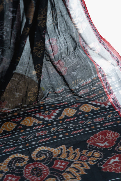Black & Silver Grey Sambalpuri Cotton Saree with Elephant Ikat