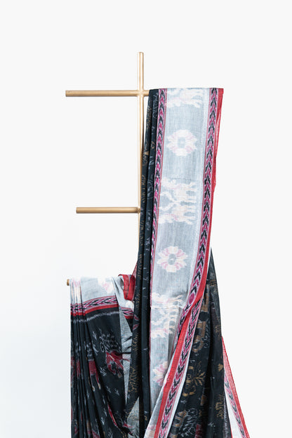 Black & Silver Grey Sambalpuri Cotton Saree with Elephant Ikat