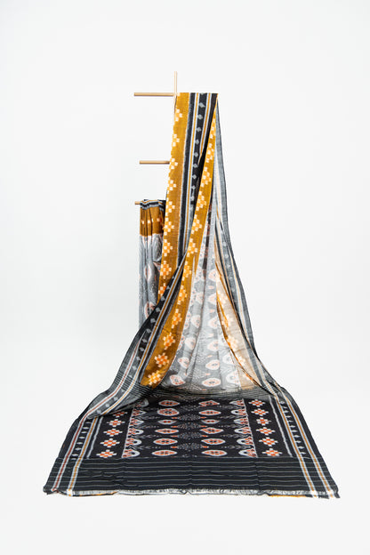 Slate Grey Sambalpuri Cotton Saree with Peach & Off-White Floral Ikat