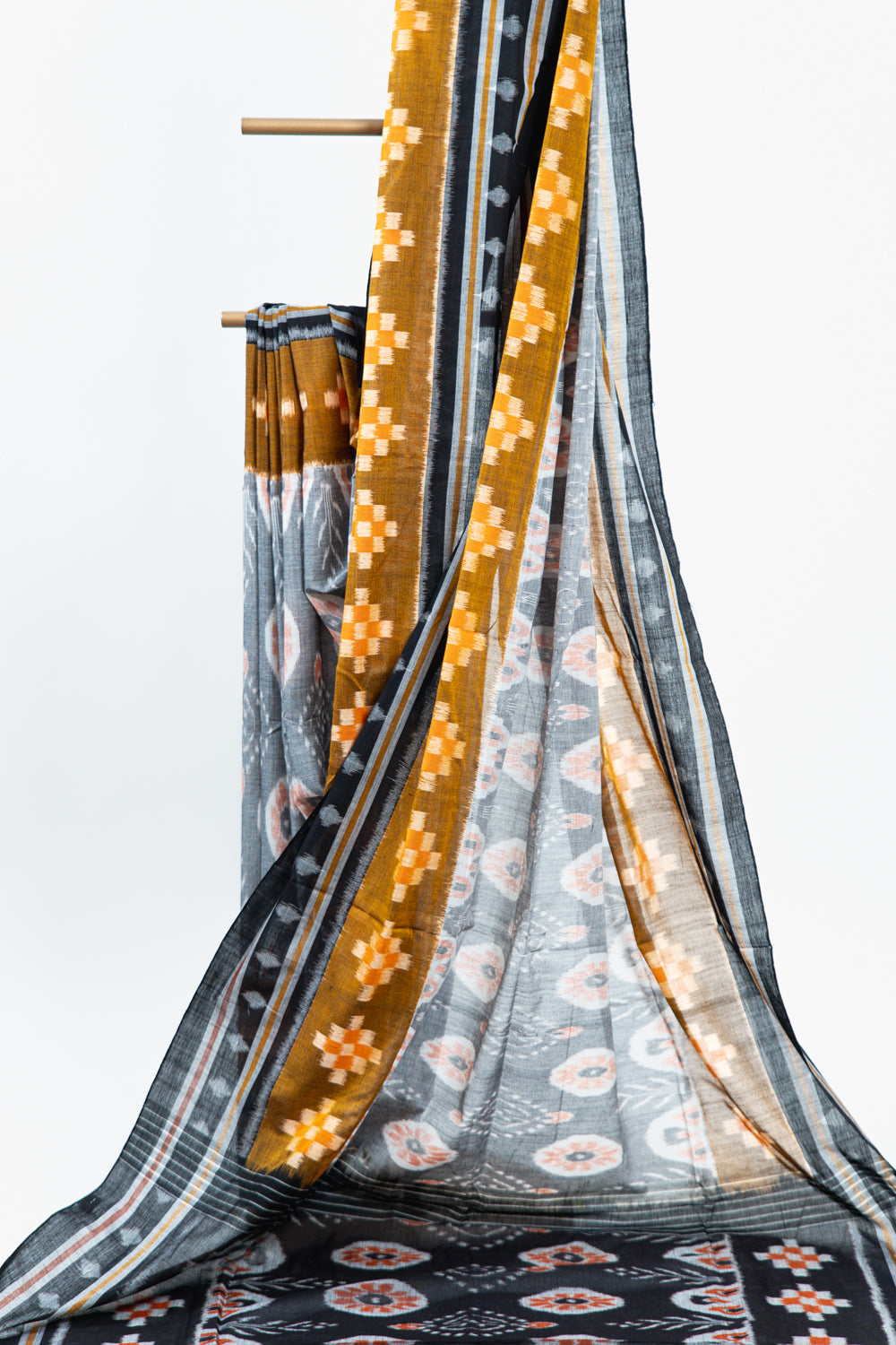 Slate Grey Sambalpuri Cotton Saree with Peach & Off-White Floral Ikat