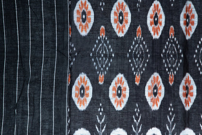 Slate Grey Sambalpuri Cotton Saree with Peach & Off-White Floral Ikat
