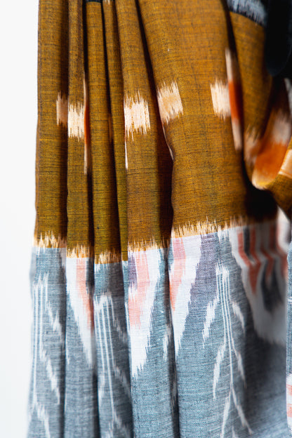 Slate Grey Sambalpuri Cotton Saree with Peach & Off-White Floral Ikat