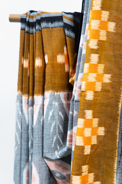 Slate Grey Sambalpuri Cotton Saree with Peach & Off-White Floral Ikat