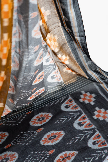 Slate Grey Sambalpuri Cotton Saree with Peach & Off-White Floral Ikat