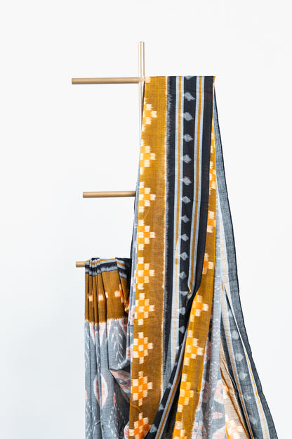 Slate Grey Sambalpuri Cotton Saree with Peach & Off-White Floral Ikat