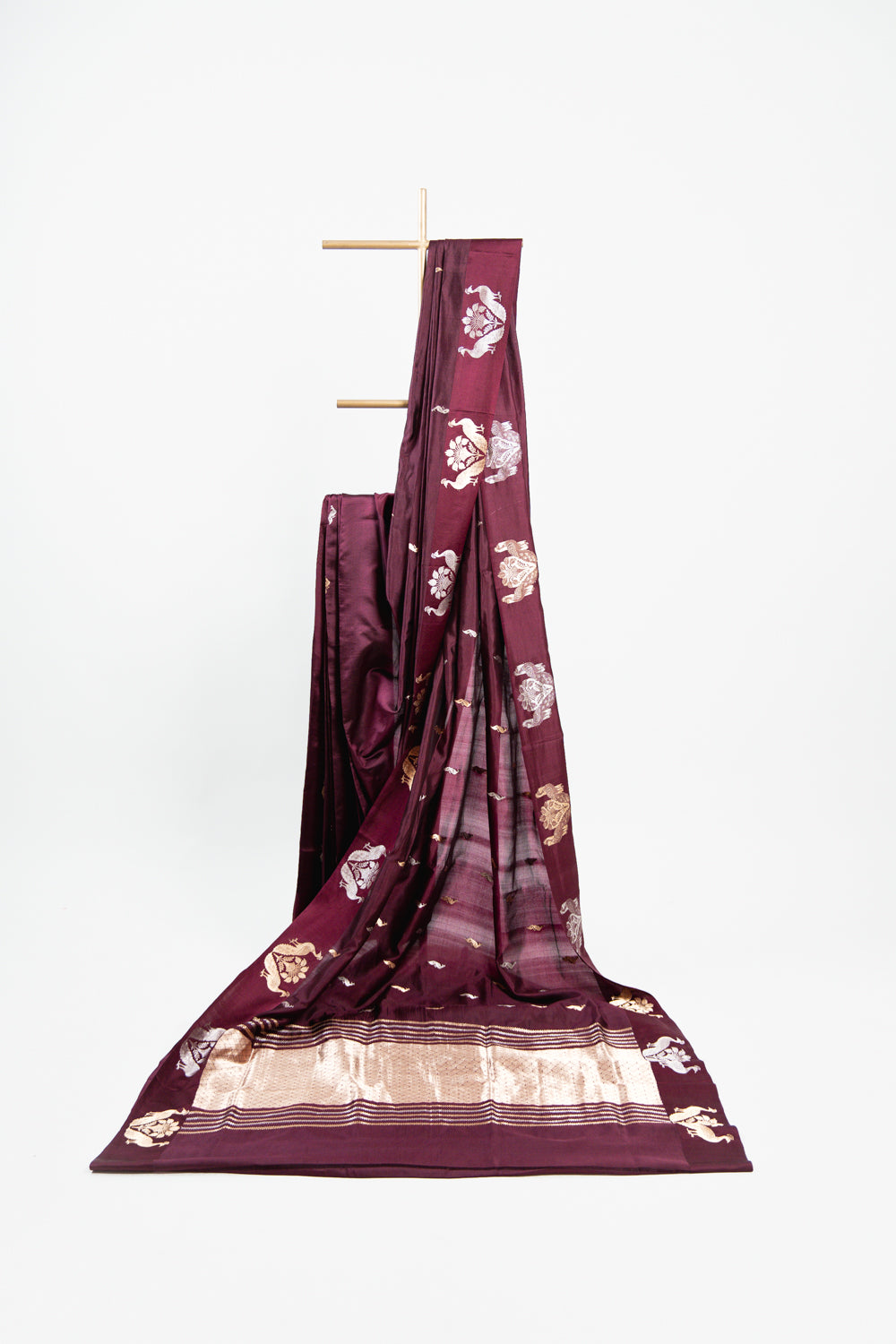 Deep Plum Banarasi Silk Saree with Twin Peacock Floral Border