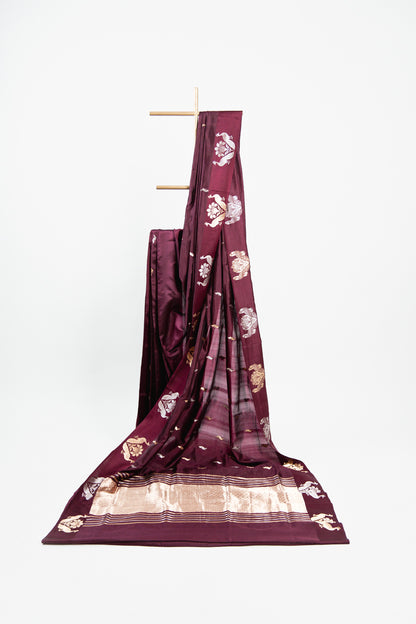Deep Plum Banarasi Silk Saree with Twin Peacock Floral Border
