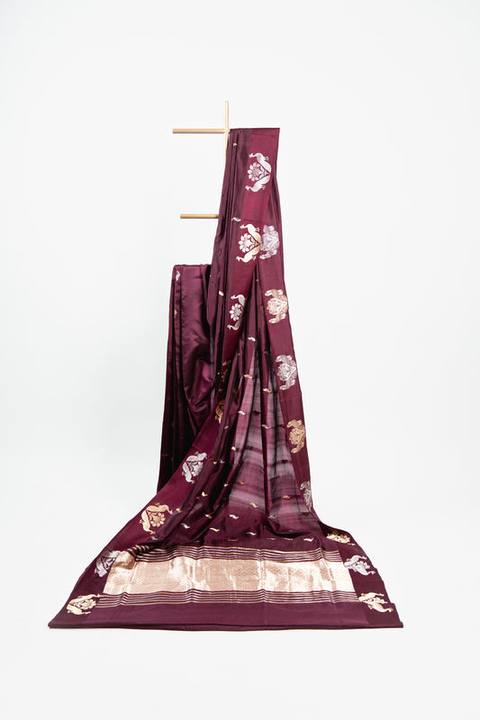 Deep Plum Banarasi Silk Saree with Twin Peacock Floral Border