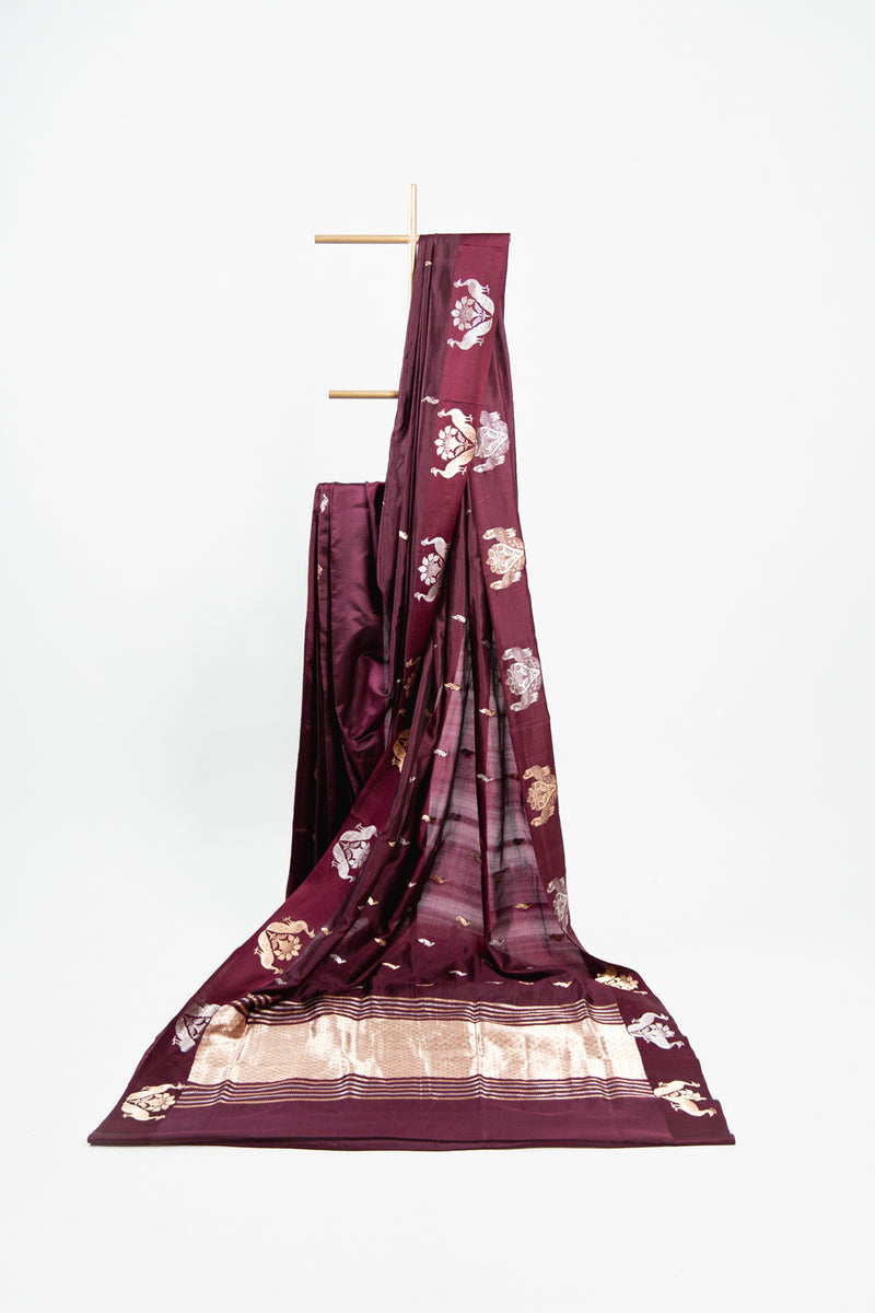 Deep Plum Banarasi Silk Saree with Twin Peacock Floral Border