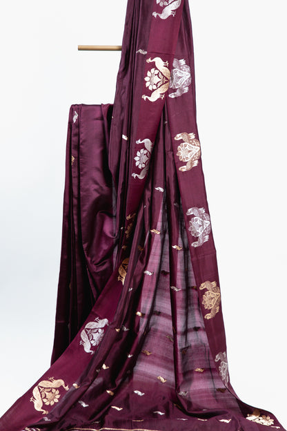 Deep Plum Banarasi Silk Saree with Twin Peacock Floral Border