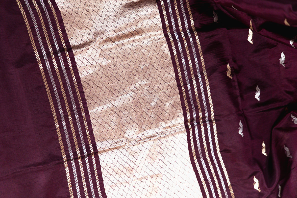 Deep Plum Banarasi Silk Saree with Twin Peacock Floral Border
