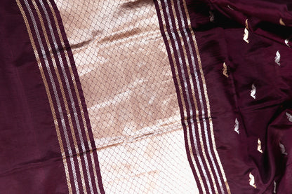 Deep Plum Banarasi Silk Saree with Twin Peacock Floral Border