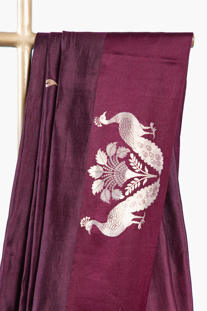 Deep Plum Banarasi Silk Saree with Twin Peacock Floral Border