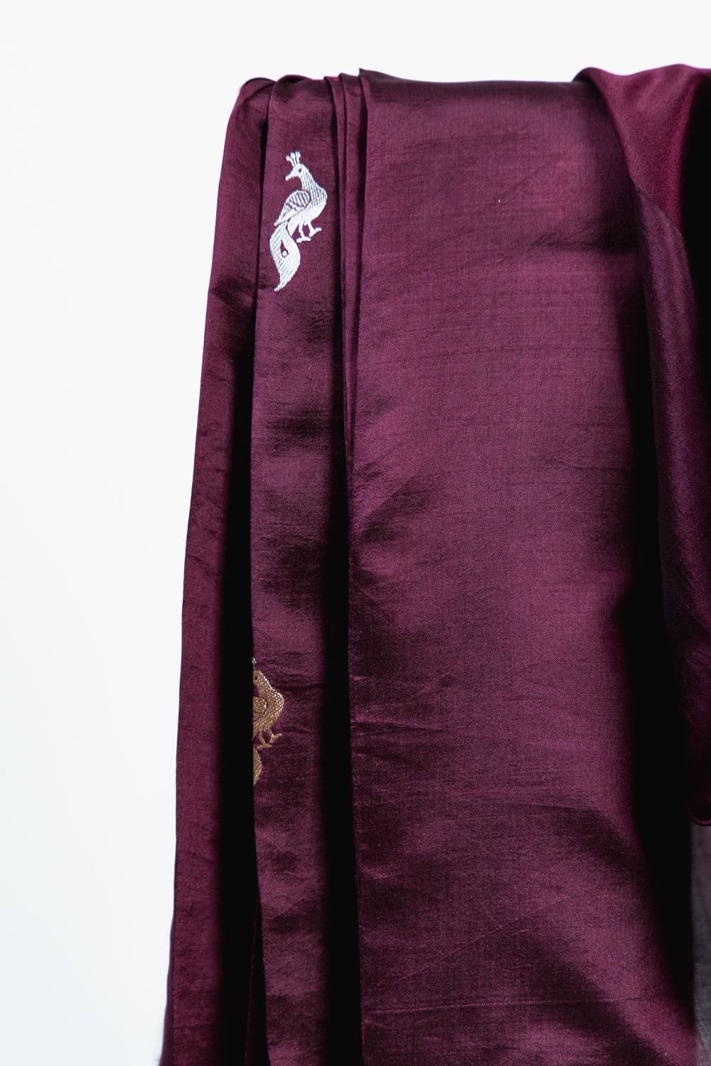 Deep Plum Banarasi Silk Saree with Twin Peacock Floral Border