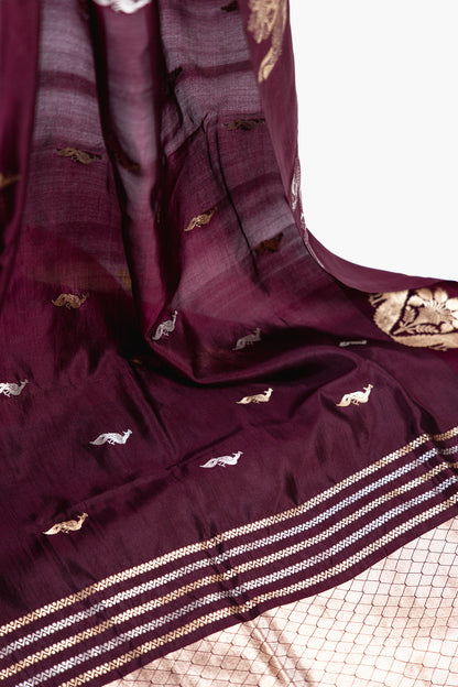Deep Plum Banarasi Silk Saree with Twin Peacock Floral Border
