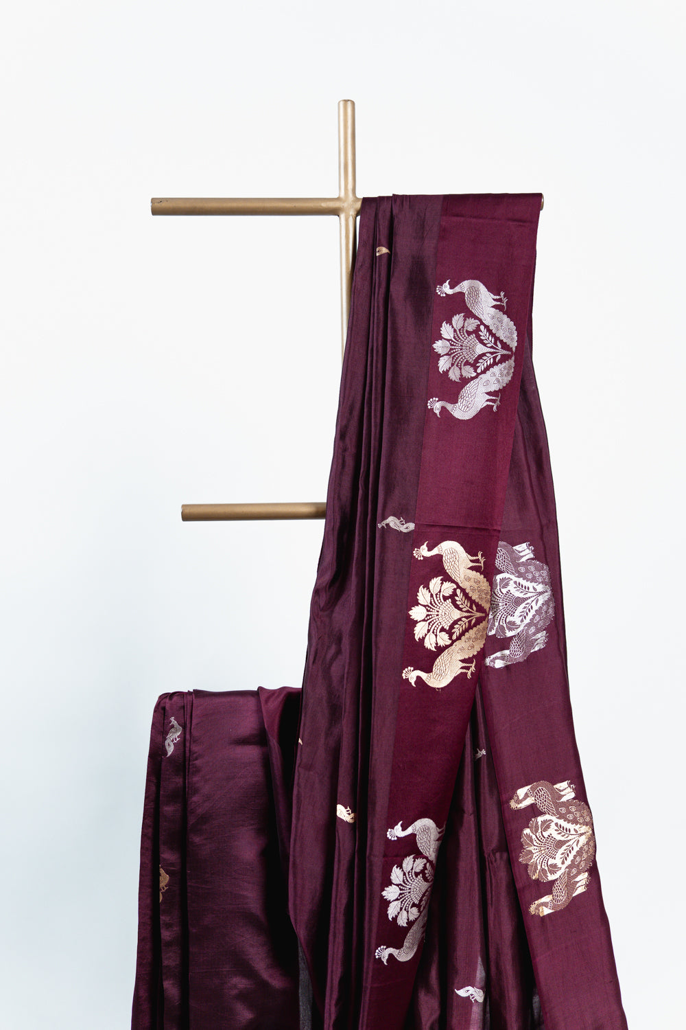 Deep Plum Banarasi Silk Saree with Twin Peacock Floral Border