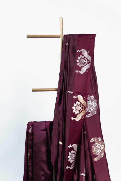 Deep Plum Banarasi Silk Saree with Twin Peacock Floral Border