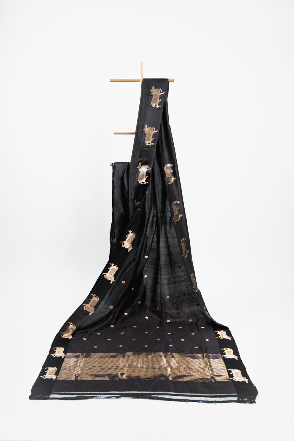 Charcoal Black Banarasi Silk Saree with Kamadhenu Motifs
