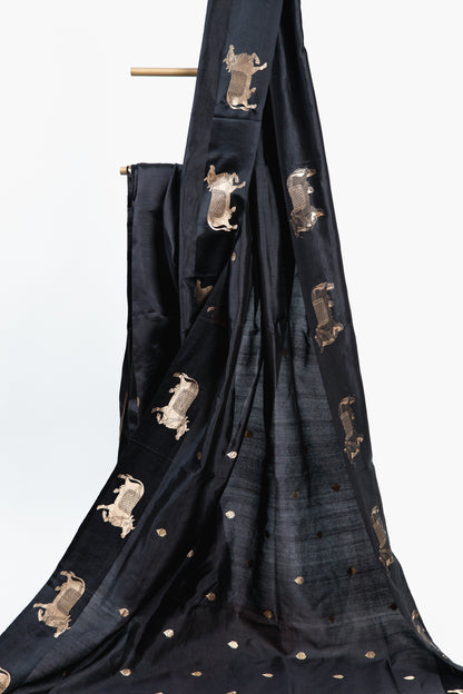 Charcoal Black Banarasi Silk Saree with Kamadhenu Motifs