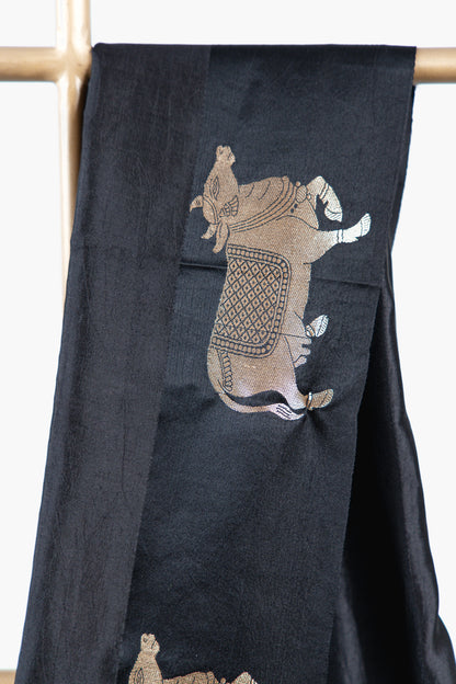 Charcoal Black Banarasi Silk Saree with Kamadhenu Motifs