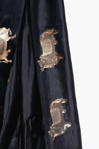 Charcoal Black Banarasi Silk Saree with Kamadhenu Motifs