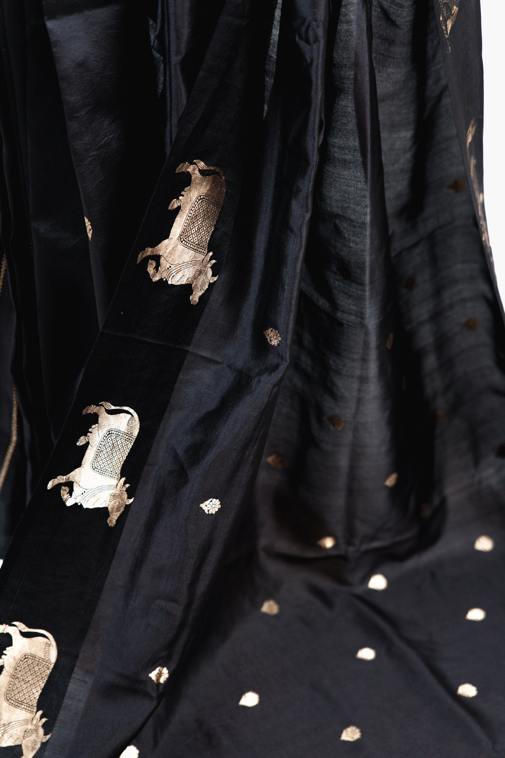 Charcoal Black Banarasi Silk Saree with Kamadhenu Motifs
