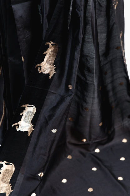 Charcoal Black Banarasi Silk Saree with Kamadhenu Motifs