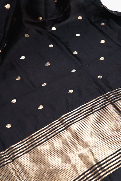 Charcoal Black Banarasi Silk Saree with Kamadhenu Motifs