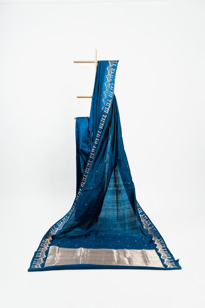 Royal Blue Banarasi Silk Saree with Gold Zari Forest Border